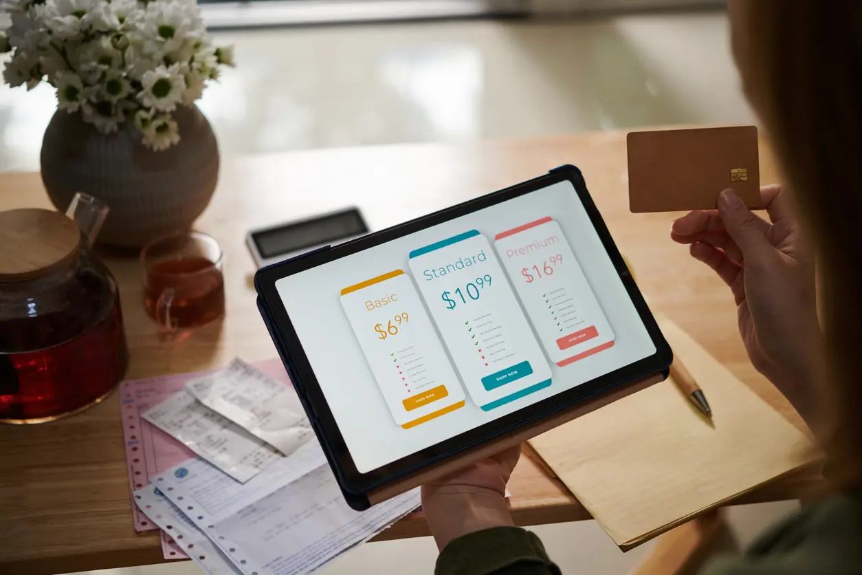 desk with ipad and credit card