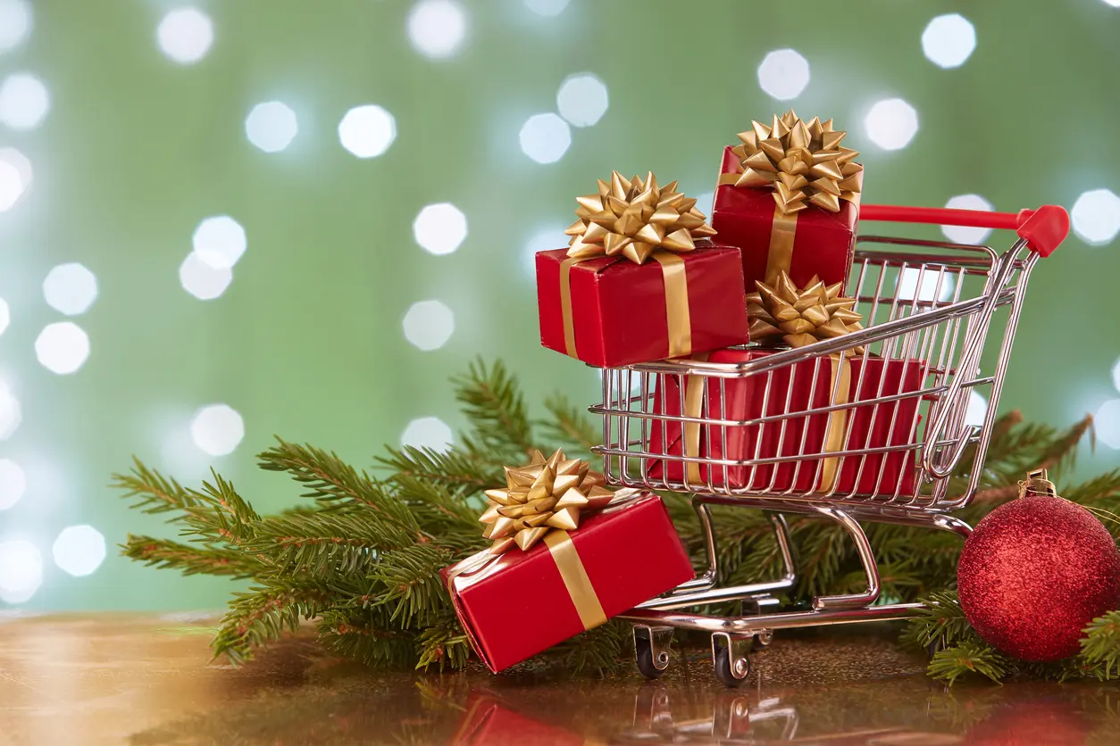 christmas theme mini shopping cart and gifts