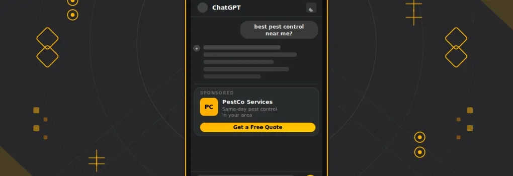 an illustrative phone with "best pest control" and a sponsored ChatGPT ad showing pestco and a booking button