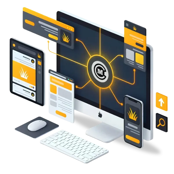 computer surrounded by digital ads, phone, and social media displaying brand throughout